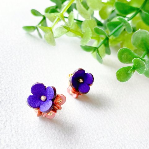 【Newキット】アナベル花のブーケピアス•イヤリング（花色パープル&ペールピンク）