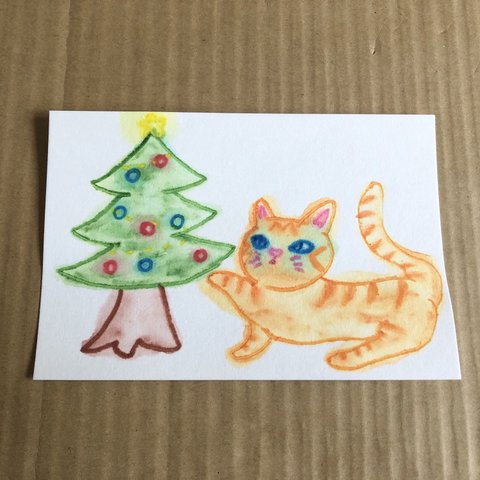 【送料込み】 絵はがき・ポストカード原画   「クリスマスツリーで遊ぶ猫」