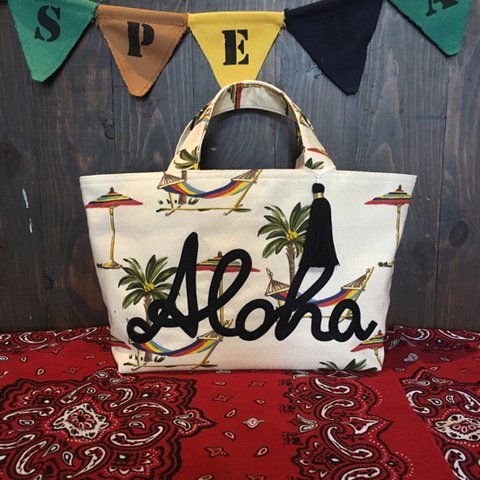 ★new★ ALOHA✖️BEACH柄のミニトート  WHITE