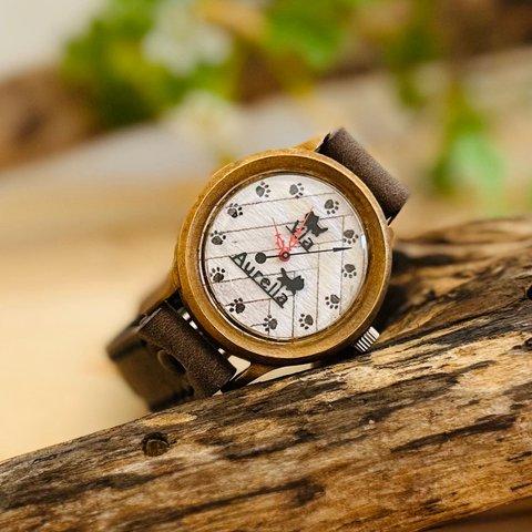 手作り腕時計　Via Aurelia（黒ねこホワイト文字盤(肉球)&イタリア牛革（グレー））--- アンティークでシンプルな男性、女性兼用腕時計。ベルトは牛革を使用。