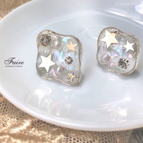 《特集掲載》Galaxy Starlight🪐 星の輝きPierce / Earring🌟◇淡水パール/オーロラ/14kgf有り/再販