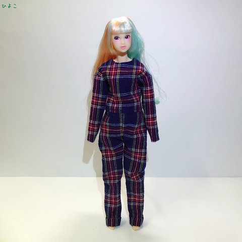 【チェック柄 青系】momokoDOLLサイズのつなぎ