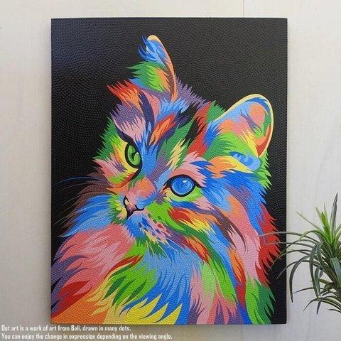 ドットアート 70cm × 90cm 猫 モダンアート アジアンアート ネコ ねこ 手描き 絵画 アートパネル バリ絵画 バリアート ウォールデコレーション 飾り 壁掛け 壁飾り リゾート インテリア