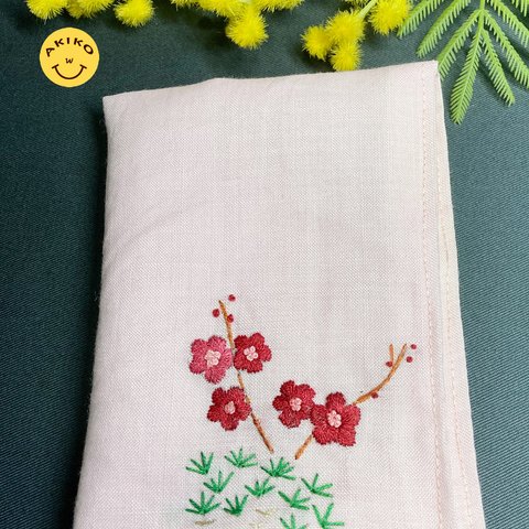 リネン手刺繍ハンカチ「梅」30cm×30cm「ピンク色」