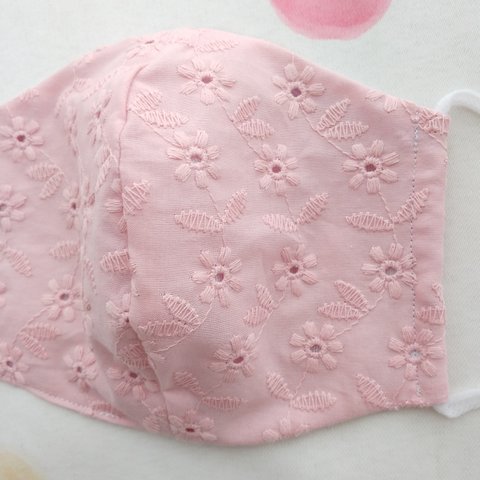 ピンクのお花刺繍綿レースマスク＊大人用(女性)