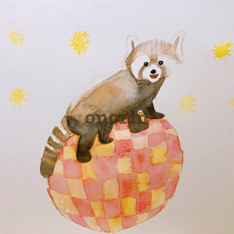 【原画】水彩画　レッサーパンダの玉乗り