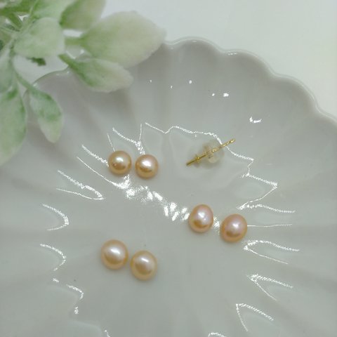 淡水真珠　3ペア(6個)セット　5.5～6ｍｍ  オレンジ　片穴　ボタン　ルース  875817