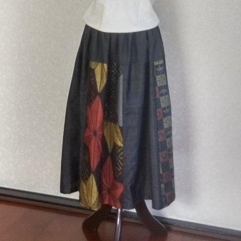 着物リメイク♪ストール付：色々な大島紬のパッチしたモダンなスカート☆裏地付き：８０ｃｍ丈