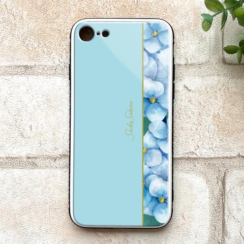 梅雨の紫陽花のスマホケース（ライトブルー）  強化ガラス iphone14 iphone12 アジサイ スマホケース 梅雨 iphone13 iphone15