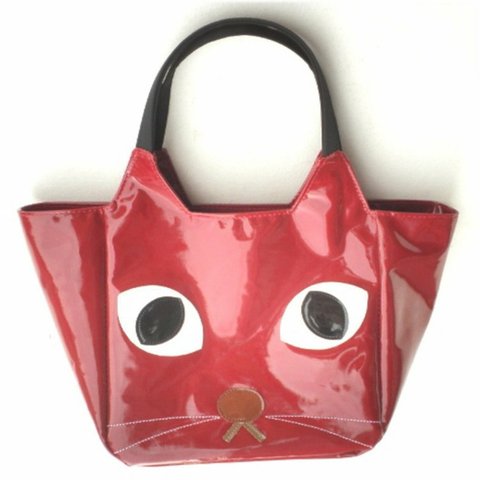  猫顔 レッド トートバッグ 小さめ レディース お弁当 手提げバッグ サブバッグ ミニトートバッグ ビニールコーティング 小物 猫柄 猫雑貨 猫グッズ ねこ ネコ 好き プレゼント