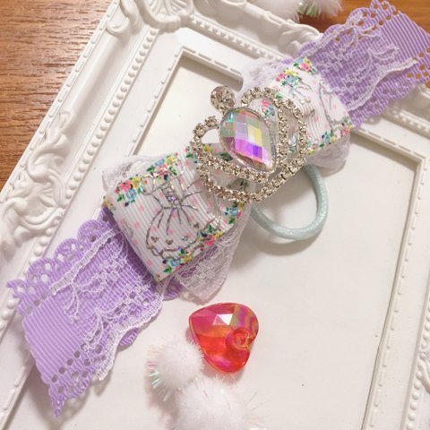 キッズヘアゴムリボンポニーオ♡プリンセス風レースヘアアクセサリー♡発表会やお誕生日に♡入学入学に♡