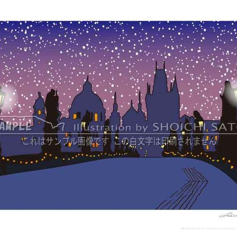 「Saint-Bridge」 ヨーロッパ 夜景 風景 イラスト ポスター A4サイズ 