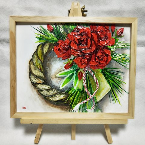 油絵 絵画 正月リース【薔薇】