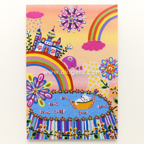 油絵「虹の猫」ポストカード2枚セット