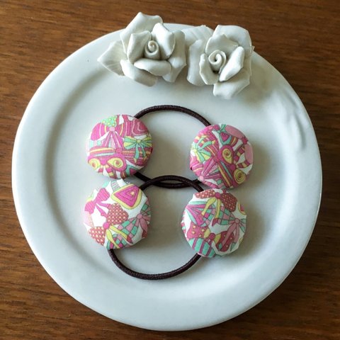 リバティ☆ Jenny's Ribbons くるみボタンヘアゴム 2本セット レモンピンク