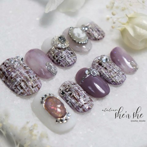 purple tweed × opal bijou nail tips ネイルチップ ビジューネイルチップ ツイードネイル ニュアンスネイル