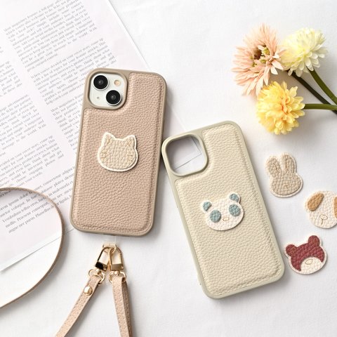 カラー リアケース 【 simple アニマル ステッチ ワッペン 】 iPhone スマホケース スマホショルダー くすみカラー 犬 猫 うさぎ くま パンダ A273I