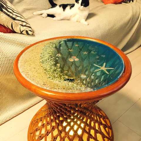 ラタンラウンドテーブル サイドガラステーブル ブルームーンビーチ アジアン