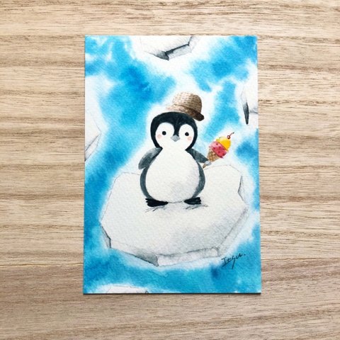 🐧透明水彩画「ペンギンのおやつタイム」イラストポストカード２枚セット　海　暑中見舞い　残暑見舞い　ぺんぎん🐧