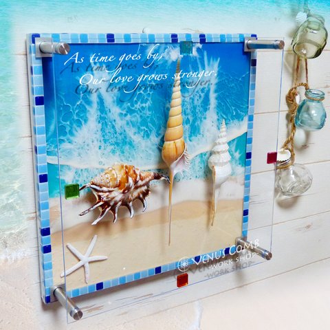 アートパネル 壁掛け　碧のビーチ&シェル(貝殻) 300×300　レジンアートパネル 立体オブジェ　パワーシェル