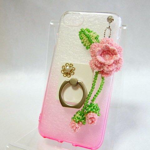 薔薇と蕾　スマホケース　iphone7　バンカーリング　ビーズ編み　レース編み　ピンク