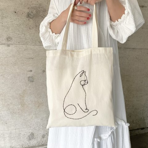 :: black :: ネコ 刺繍BAG / A4サイズ エコバッグ / トートバッグ 