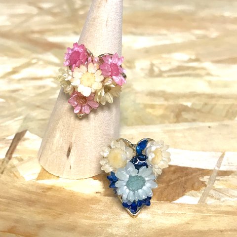 【一点物】ハートブーケの花指輪［ピンク・ブルー］