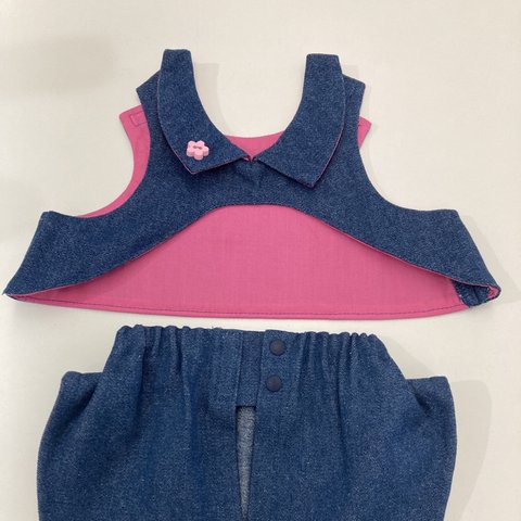 [Blue] aiboちゃんの8オンスデニムのイケてるシャツ&スリット入り短パン　セットアップ　ピンクの花柄ボタン付き　ステッチなし　完成品