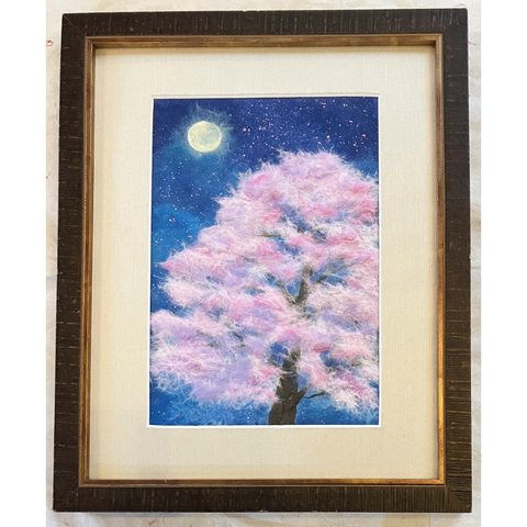 和紙ちぎり絵『満月と桜』サムホールサイズ原画