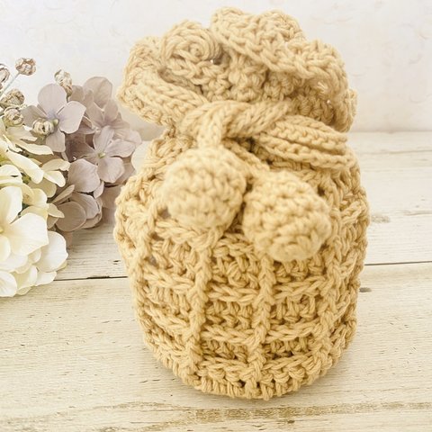 ワッフル模様のミニ巾着　マスタード　手編み　crochet 送料無料♩