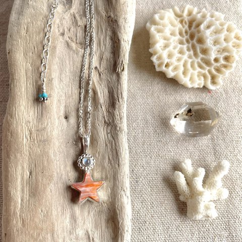  《silver925》 moon & star ✼orange spiny shell necklace ❃