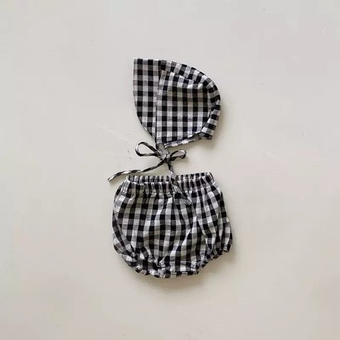 【80size】Gingham check bloomer & bonnet