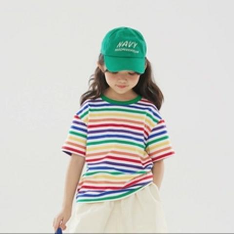 OLAMIMI 2023夏 子供服 ストライプ 丸襟 半袖 Tシャツ