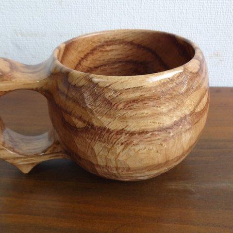 虎柄の白樫の一木彫りコーヒーカップ.　