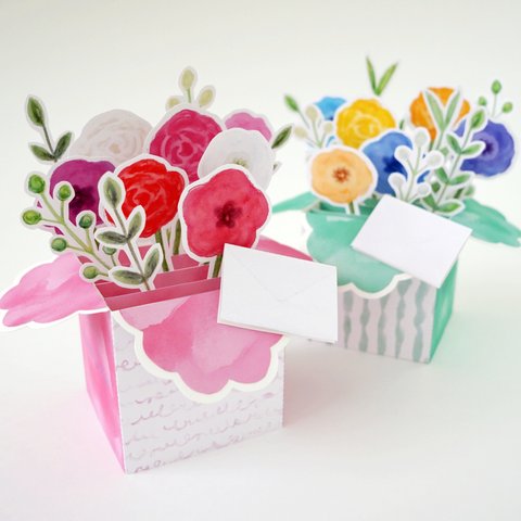 【誕生日/お祝い】２個セット・フラワーアレンジカード（ピンク&グリーン）