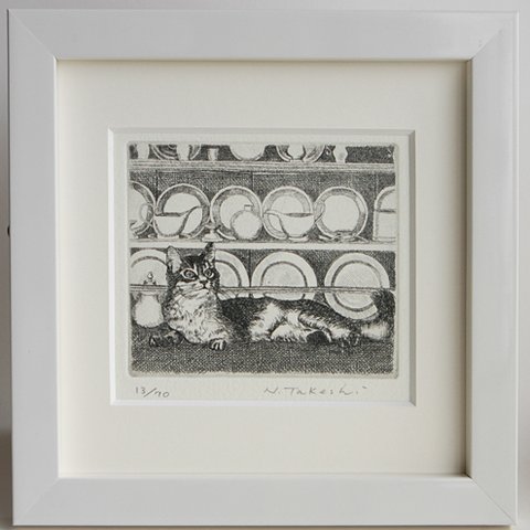 猫と食器棚 / 銅版画 (額あり）