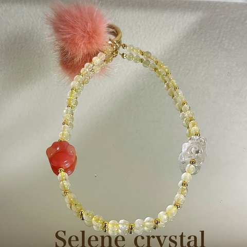 ルチルクォーツ　スマホストラップ　ファーポンポン　　招き猫　肉球　猫　Selene crystal