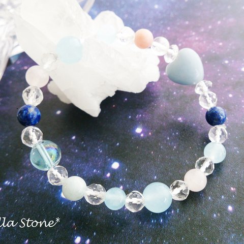 💫宇宙と天使の石ブレスレット～潜在能力の開花～アクアオーラ＊ラピスラズリ＊エンジェライト＊アクアマリン＊ピンクオパール＊水晶＊天然石＊パワーストーン 