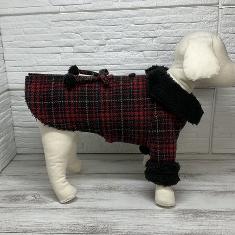 冬犬服チェック柄コートレッド系（ボア裏付き）