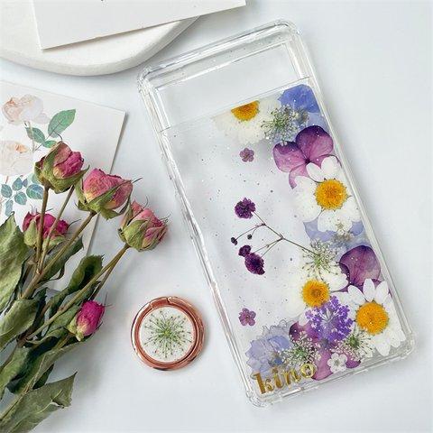 紫陽花と千鳥草、押し花スマホケース、全機種対応、スマホリング、ストラップホルダ一、手帳型、iPhone14、iPhone14plus、iPhone14Pro、iPhone13、iPhoneSE2