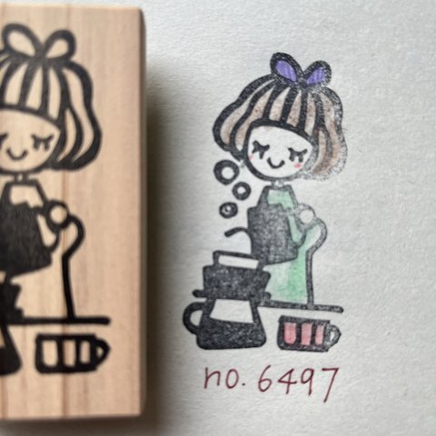 スタンプ　No. 6497コーヒーをたてる女の子