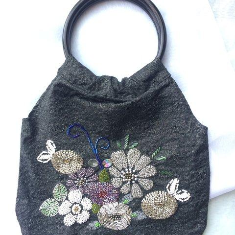 フラワービーズ刺繍　手提げバッグ