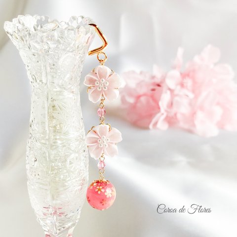 桜のポニーフック/かんざし（ピンク）　つまみ細工　正絹羽二重　シルク