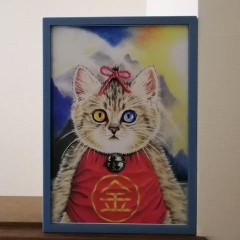 B5 金太郎ふう猫 手描きイラストプリント 絵