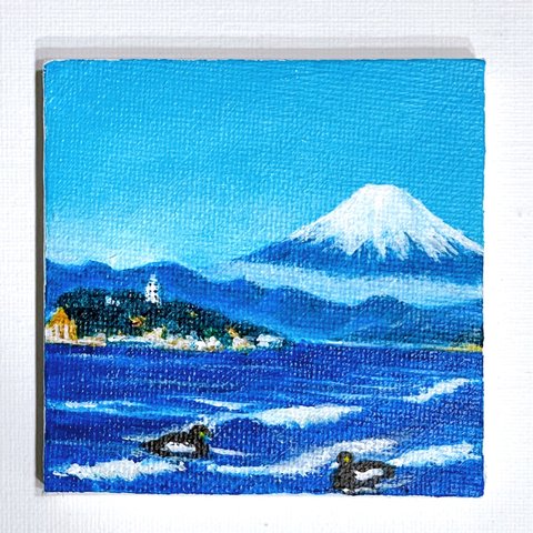 江ノ島と富士山の風景　アクリル画　