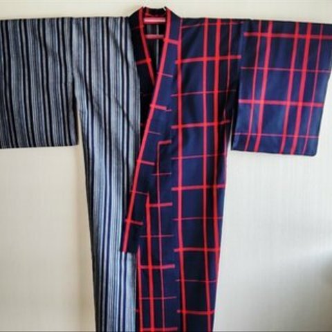 限定品　阿波しじら織　片身代わり浴衣　夏着物　格子×縞