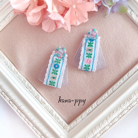 pastel flower frill tyrolean tape ピアスorイヤリングor樹脂ピアス