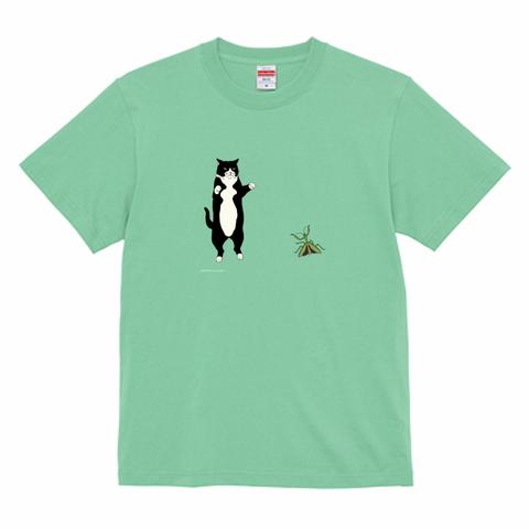 Tシャツ　白黒猫とカマキリ　濃色系