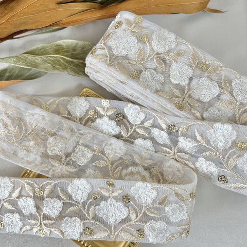 30cm/50cm  インド刺繍リボン  チュール  花柄  ホワイト