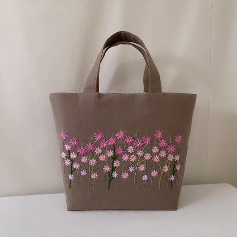 【B5大サイズ】草花手刺繍･綿麻トートバッグ    グレージュ【くが屋】